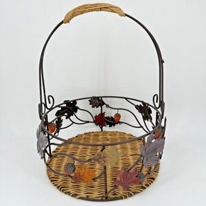 Fall Harvest Metal & Rattan Basket with‎ Handle Autumn Decor Leaf Acorn